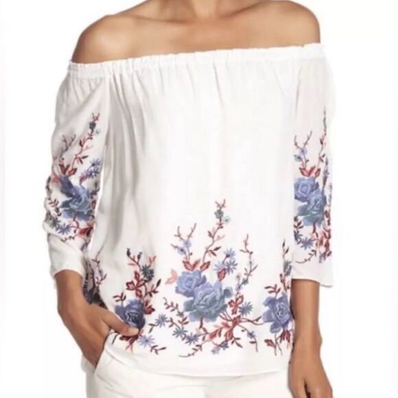 Drew Off the Shoulder Floral Pink and Blue Embroidered Top Ivory White S - Picture 1 of 13